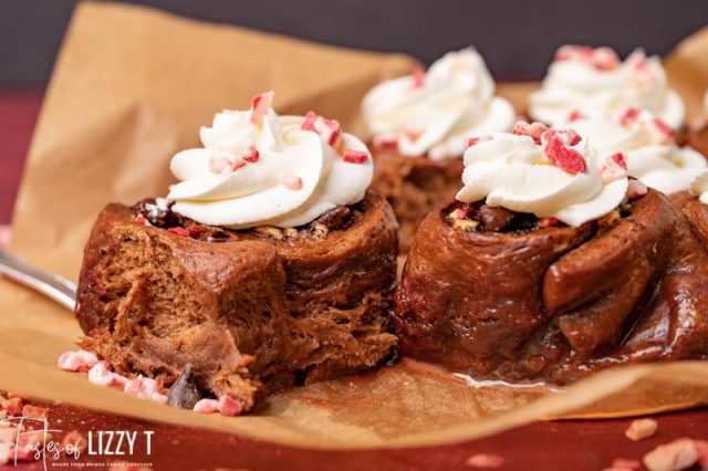 peppermint mocha rolls on parchment paper