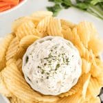 overhead view of chip dip and wavy chips