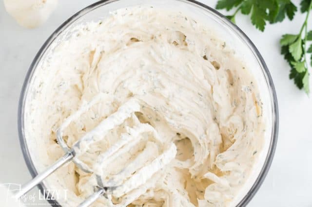 red wine vinegar cream cheese dip in a mixing bowl