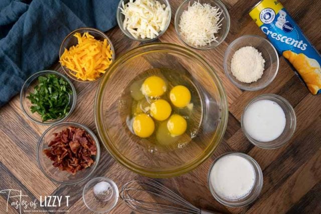 ingredients for bacon cheese egg souffles on a table