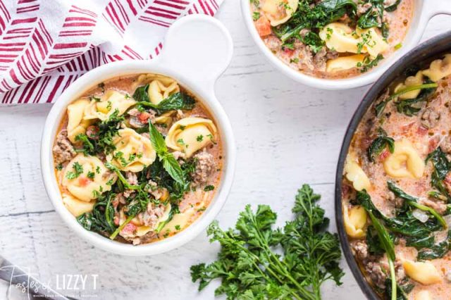 overhead views of bowls of tortellini sausage soup