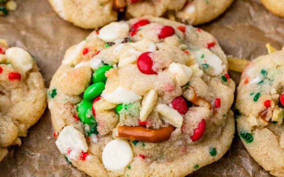 thick christmas cookie with M&Ms