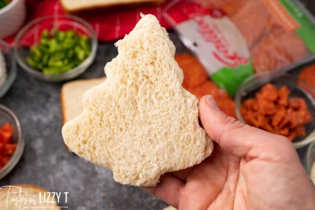 hand holding a piece of bread in the shape of a christmas tree