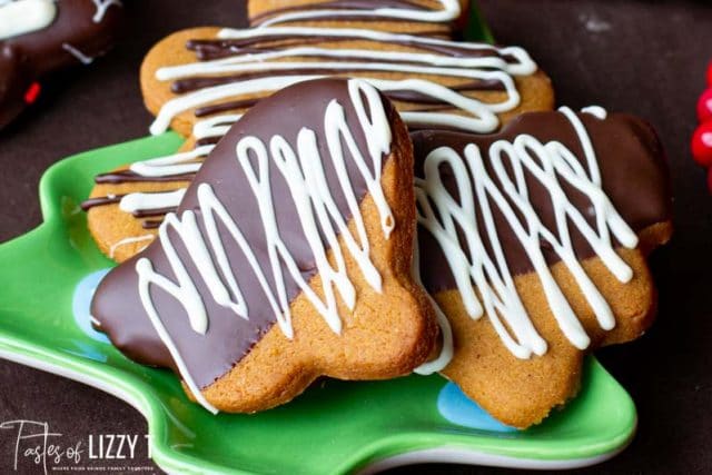 plate of chocolate dipped gingerbread cookies