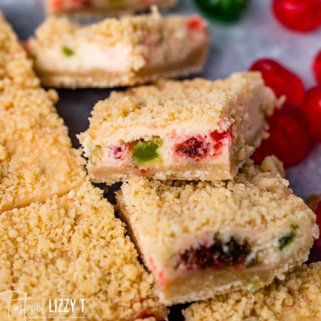 cheesecake bars with candied cherries