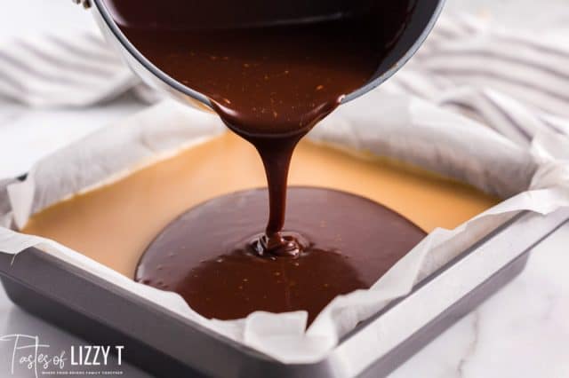 chocolate pouring over caramel