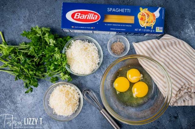 ingredients for carbonara with eggs in a bowl