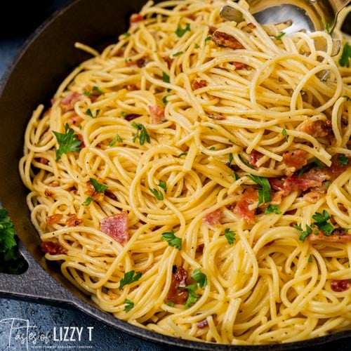 pasta carbonara in a cast iron skillet