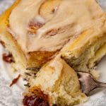 overhead view of a cinnamon roll on a plate