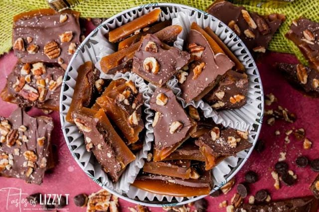 chocolate topped toffee in a gift tin