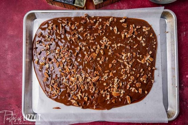 chocolate topped toffee cooling on a pan