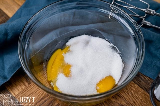 sugar and eggs in a mixing bowl