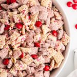 overhead view of valentine puppy chow in a bowl