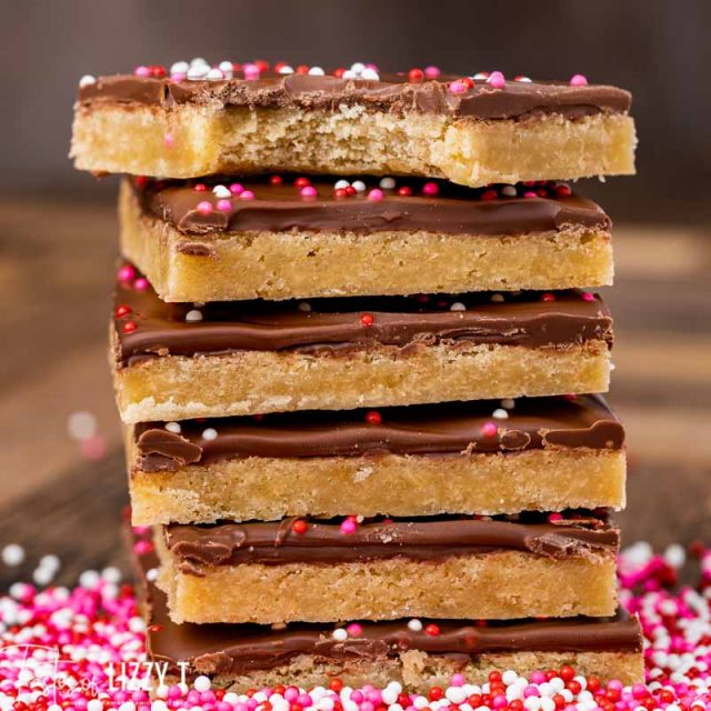 stack of brown sugar shortbread bars with sprinkles