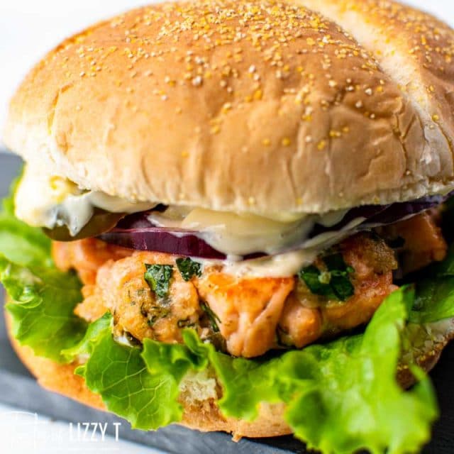 closeup of a salmon sandwich