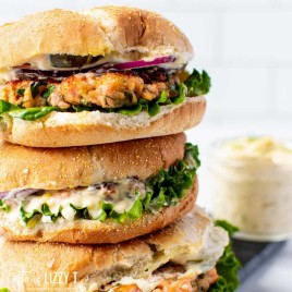 stack of 3 salmon burgers