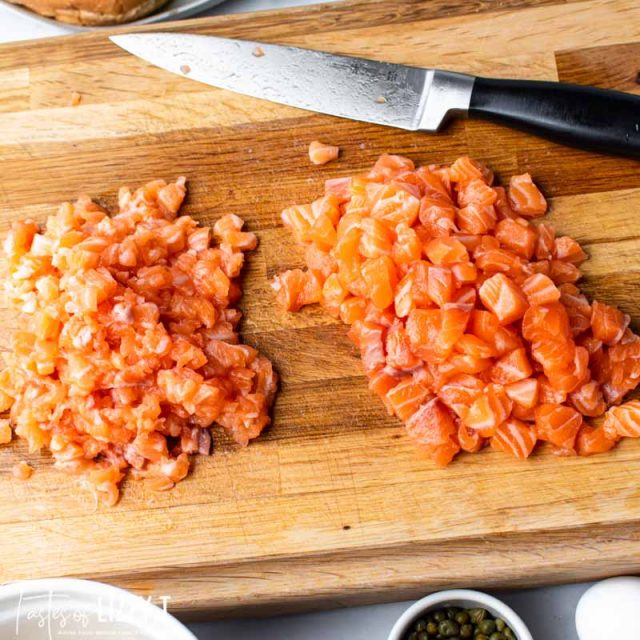 chopped salmon on a cutting board