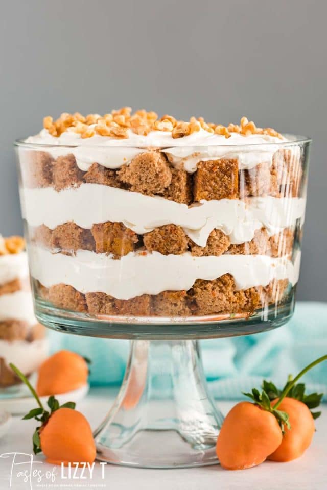 carrot cake trifle in a pretty glass dish