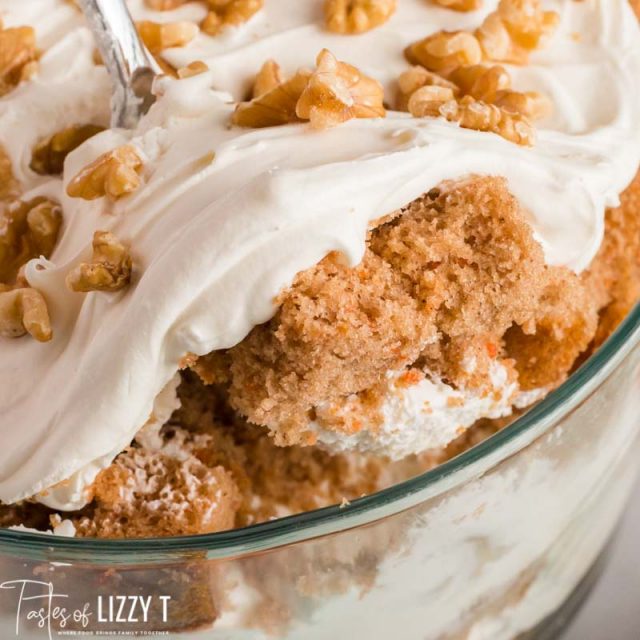 closeup of a cake trifle with cream cheese filling
