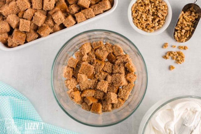 cubed carrot cake in a bowl