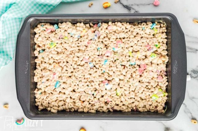 overhead view of cereal bars in a pan