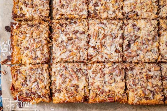 overhead view of cut seven layer bars