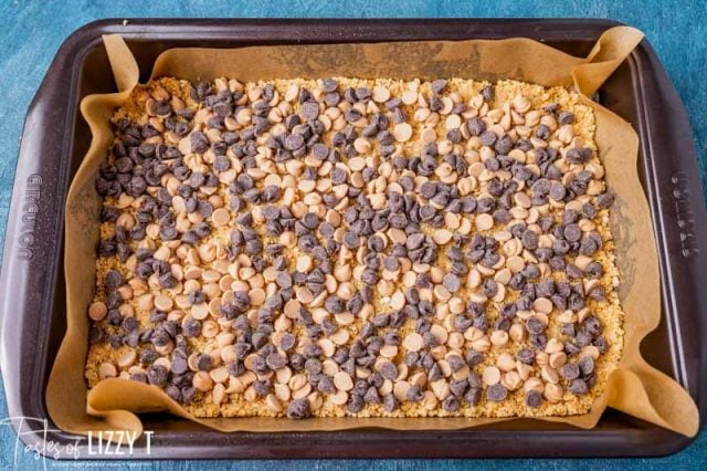 unbaked 7 layer magic bars with chocolate and butterscotch