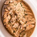 overhead view of pork loin in a slow cooker