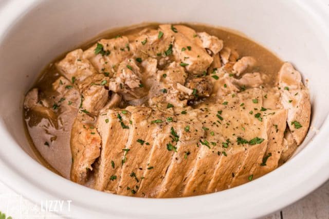 sliced pork loin in a slow cooker