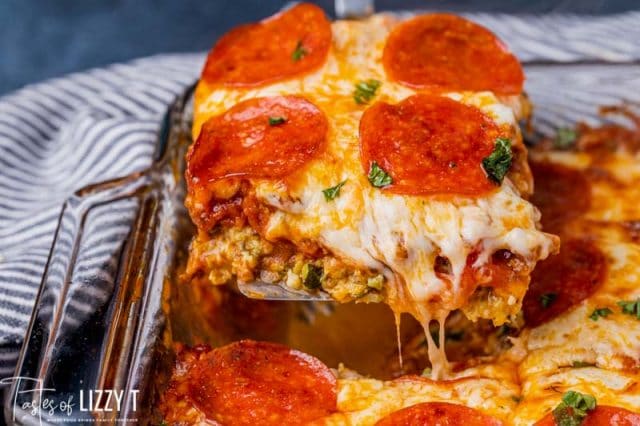 zucchini pizza casserole on a spatula