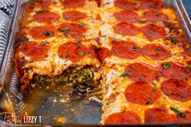 zucchini pizza bake with one piece missing