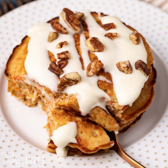 overhead shot of carrot cake pancakes with glaze