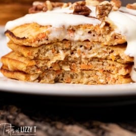closeup of a stack of carrot cake pancakes