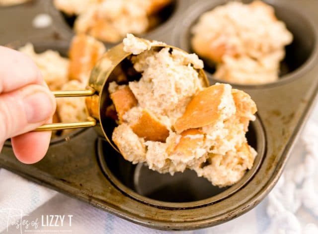 scooping bread into a muffin pan