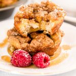 stack of two french toast breakfast muffins with syrup