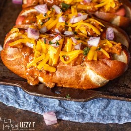 closeup of a chili dog on a baking sheet