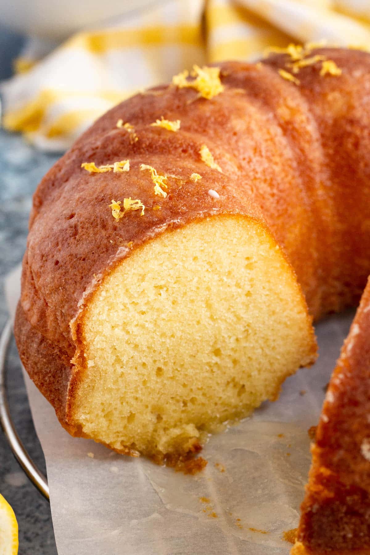 lemon pound cake with a piece cut out