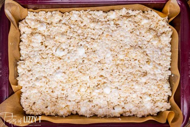 overhead view of rice krispie treats in a pan