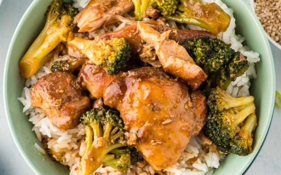 bowl of chicken, rice and broccoli