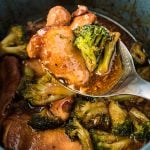 chicken and broccoli on a serving spoon