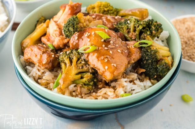 bowl of chicken, rice and broccoli