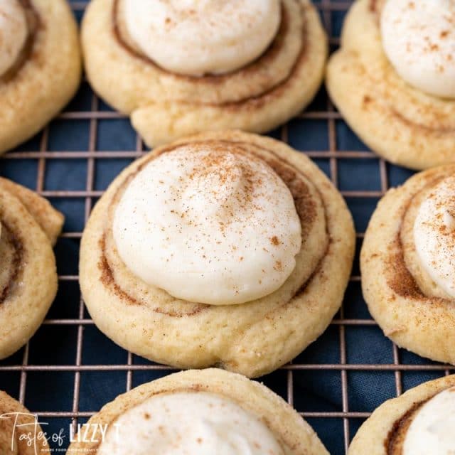 frosted cinnamon sugar cookies on a wire rack