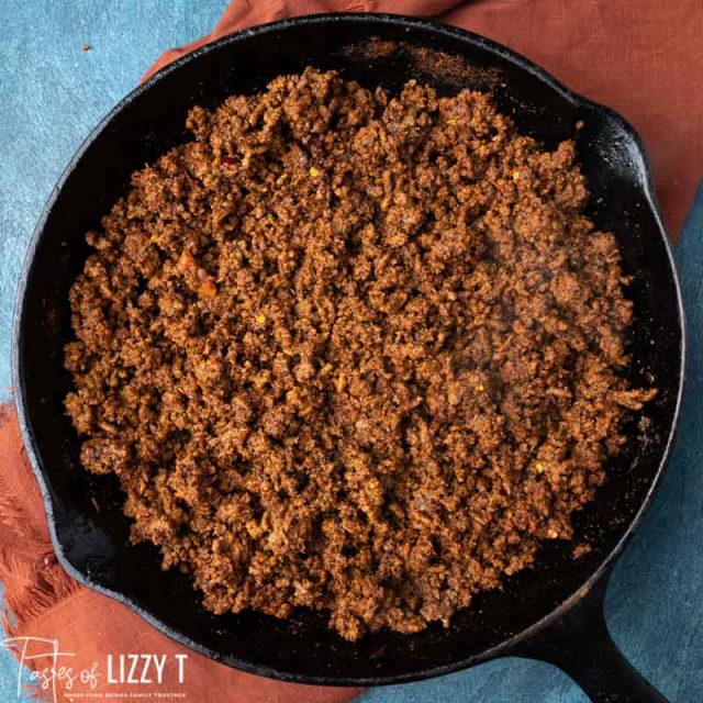 taco meat in a cast iron skillet