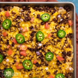 overhead shot of taco meat and tortilla bake