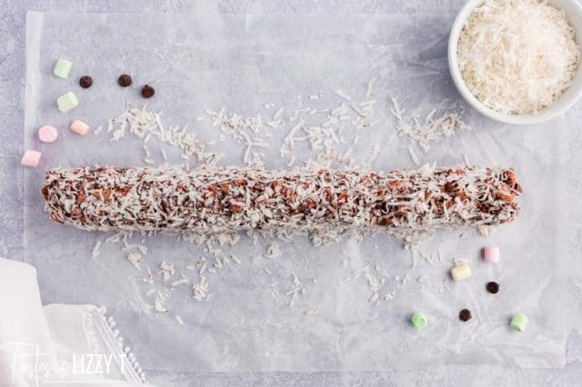 chocolate log covered in coconut on a table