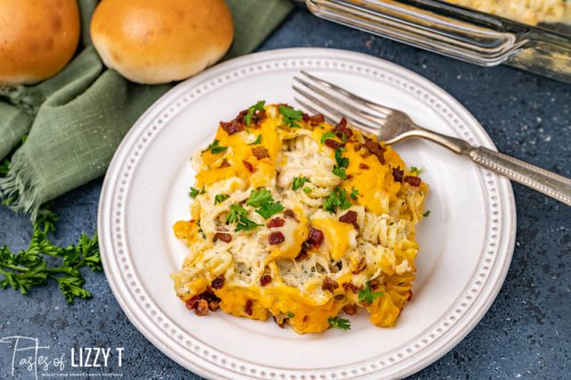 pasta casserole on a plate with a fork