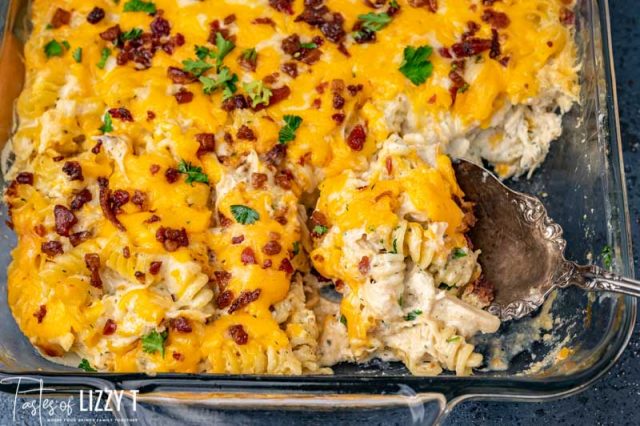 overhead view of pasta bake with serving spoon