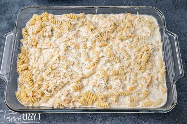 cheesy pasta in a baking dish