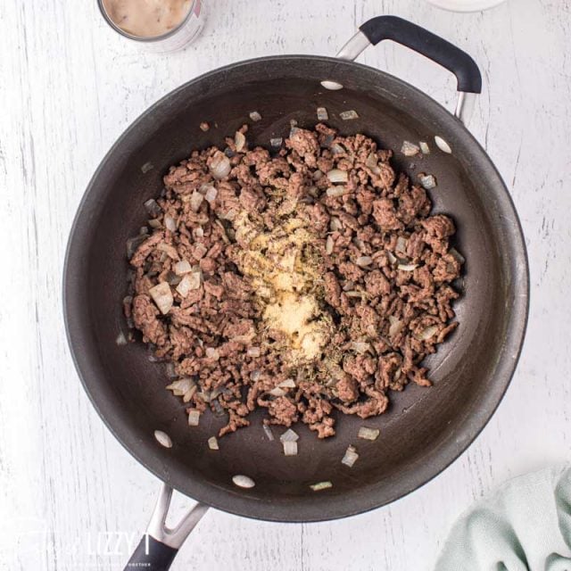 browned ground beef in a skillet