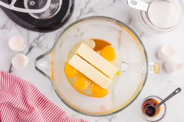 butter and eggs in a mixing bowl